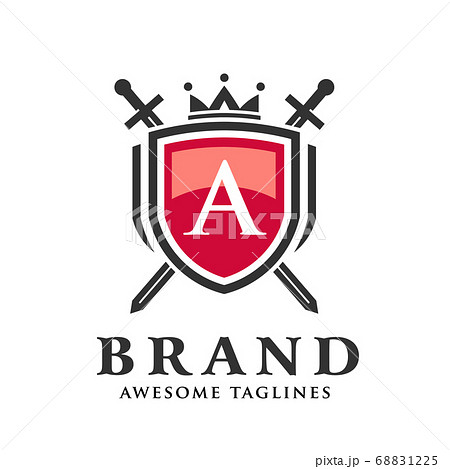 letter A with two crossed swords,shield with crown logo for uses as heraldic symbol of power, loyalty, security	 68831225