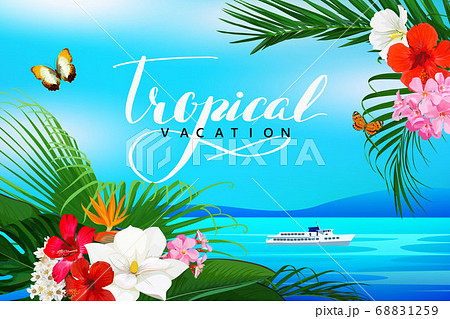 Beautiful tropical banner with flowers,butterfly and palm leaves Beautiful tropical banner with flowers,butterfly and palm leaves 68831259