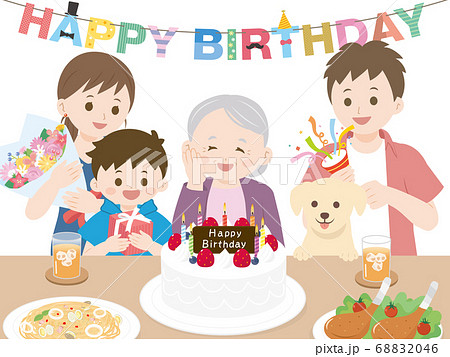 誕生日会 お祝いをする三世代家族のイラスト 祖母のイラスト素材 6046