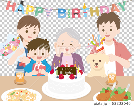 誕生日会 お祝いをする三世代家族のイラスト 祖母のイラスト素材 6046