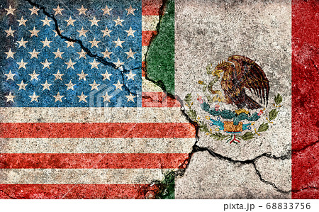 国際紛争 政治対立 汚れた国旗イラスト アメリカ Vs メキシコ ひび割れたコンクリートのイラスト素材 6756