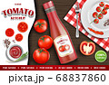 Tomato ketchup ads. Realistic ketchup sauce bottle with fresh tomatoes and plate on wooden background. 3d vector illustration 68837860