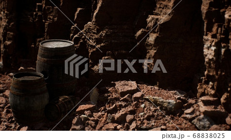 old wooden vintage wine barrels near stone wall in old wooden vintage wine barrels near stone wall in 68838025