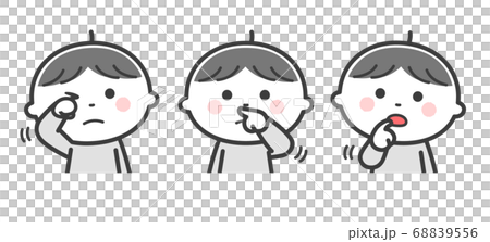 Infection risk/boy touching face (eye, nose, mouth) with hands/2 colors 68839556