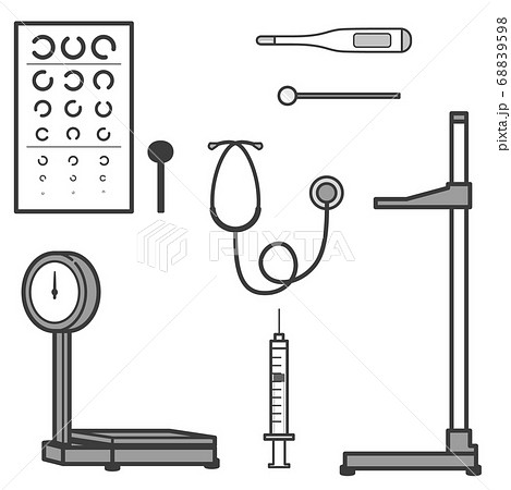 健康診断に使う器具 身長計 体重計 視力検査 体温計 ミラー 聴診器 注射器 2色のイラスト素材 6598
