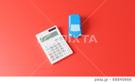平面上に置かれた自動車のおもちゃと電卓のCGによるフォトリアルなイラスト 68840666
