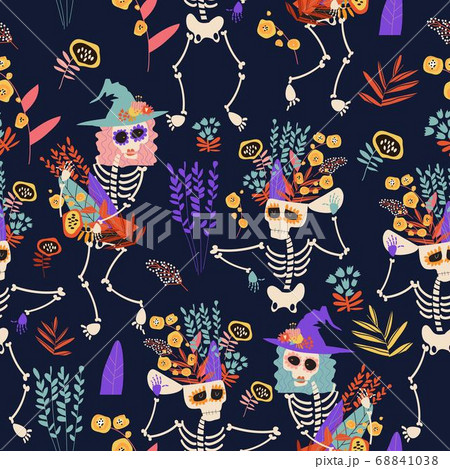 Seamless pattern with skeletons and flowers. Happy crazy Halloween 68841038
