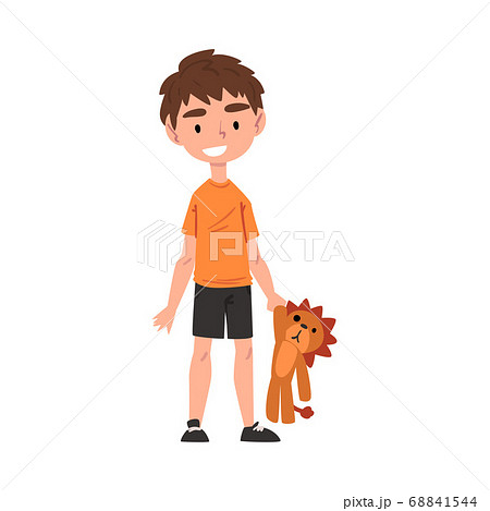 Cute Boy Holding Plush Lion, Adorable Kid Playing with Favorite Toy Cartoon Vector Illustration on White Background 68841544