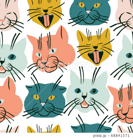 Seamless pattern with cats faces. Funny and bright vector illustration with cats characters. Kids fashion fabric design. 68841571