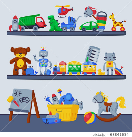 Children Toys on Shelves, Boy Room Interior Design Cartoon Vector Illustration Children Toys on Shelves, Boy Room Interior Design Cartoon Vector Illustration 68841654