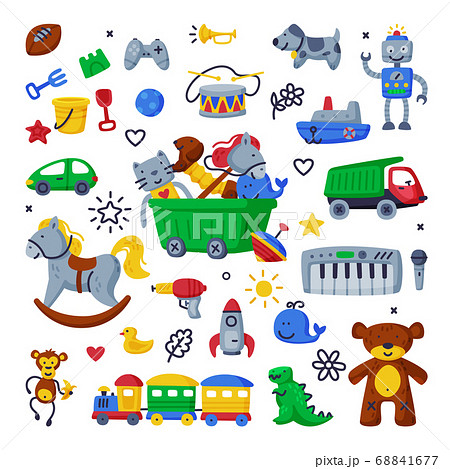 Children Toys Set, Various Objects for Kids Development and Entertainment, Wheeled Plastic Box of Colorful Toys for Kindergarten or Playground Cartoon Vector Illustration 68841677