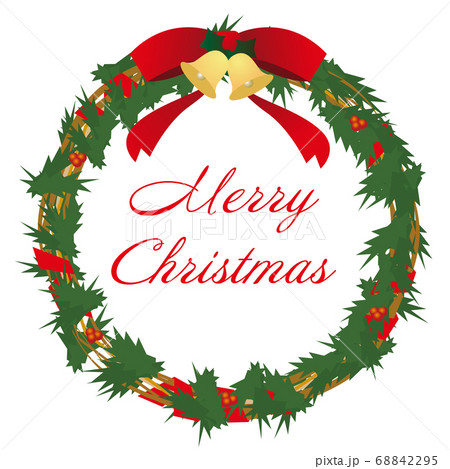 赤いリボンのクリスマスリース（Merry Christmas 文字入り）のイラスト