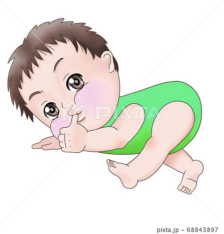 指をしゃぶり うつ伏せで寝転がっている赤ちゃん 男の子 のイラスト素材 6437