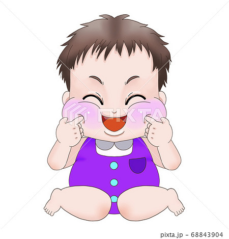 自分の頬をつつき はにかみ嬉しそうにしている赤ちゃん 男の子 のイラスト素材