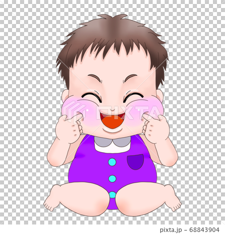 自分の頬をつつき、はにかみ嬉しそうにしている赤ちゃん(男の子) 自分の頬をつつき、はにかみ嬉しそうにしている赤ちゃん(男の子) 68843904