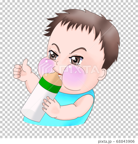 哺乳瓶を持ち ミルクを飲みながら満足気な赤ちゃん 男の子 のイラスト素材