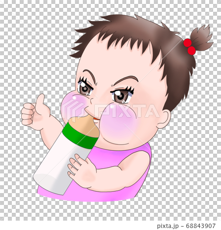 哺乳瓶を持ち ミルクを飲みながら満足気な赤ちゃん 女の子 のイラスト素材