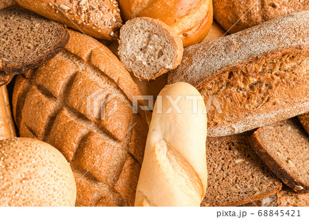 Different bakery products as background, closeup 68845421