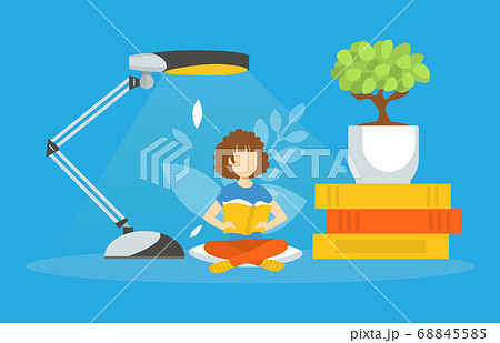 Tiny Woman Reading Book, Female Student Sitting in Lotus Position with Book in Her Hands, Huge Books Piled up Vector Illustration 68845585
