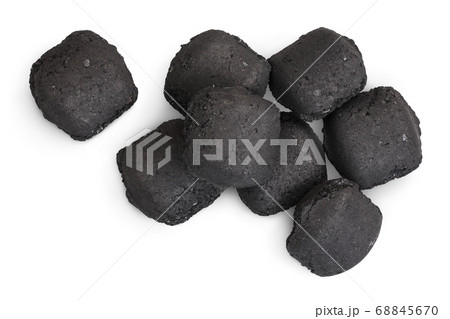 bbq charcoal briquette isolated on white background with clipping path and full depth of field. Top view. Flat lay bbq charcoal briquette isolated on white background with clipping path and full depth of field. Top view. Flat lay 68845670