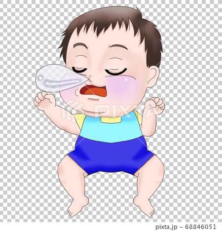 鼻ちょうちんを膨らませながら寝ている赤ちゃん 男の子 のイラスト素材