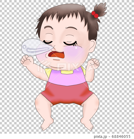 鼻ちょうちんを膨らませながら寝ている赤ちゃん 女の子 のイラスト素材