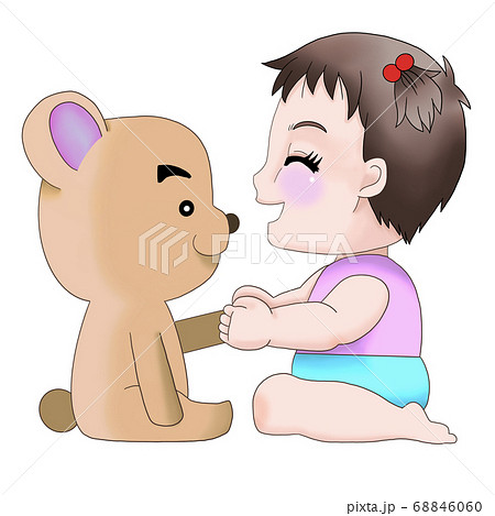 クマのぬいぐるみと遊ぶ赤ちゃん 女の子 のイラスト素材
