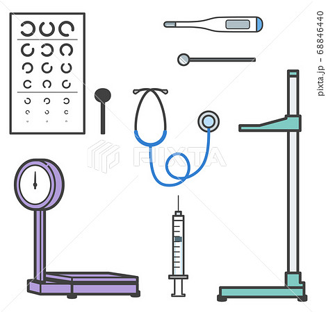 健康診断に使う器具 身長計 体重計 視力検査 体温計 ミラー 聴診器 注射器 線ありのイラスト素材