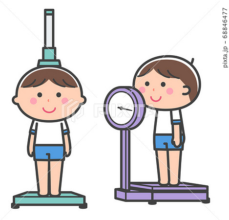 身体計測 身長計と体重計の上に乗る男の子 セット 線ありのイラスト素材