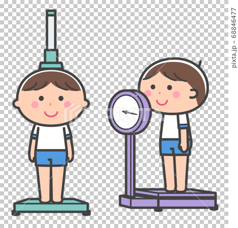 身体計測 身長計と体重計の上に乗る男の子 セット 線ありのイラスト素材
