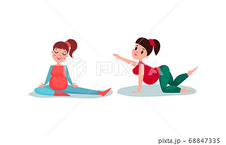 Young Pregnant Woman Sitting in Yoga Pose Breathing and Meditating Vector Illustration Set 68847335