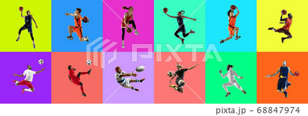 Collage of portraits of young jumping people on multicolored background in motion and action Collage of portraits of young jumping people on multicolored background in motion and action 68847974