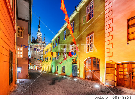 Sighisoara, Romania - Downtown view with Clock Tower 68848353