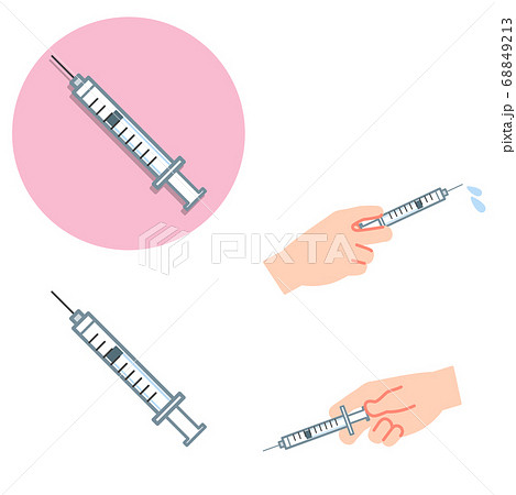 予防接種 注射器と注射する手 セット 輪郭線なしのイラスト素材