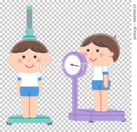 身体計測／身長計と体重計の上に乗る男の子 セット／輪郭線なし 68849214