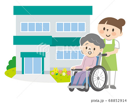 介護施設と車椅子のシニア女性と介護スタッフのイラスト素材