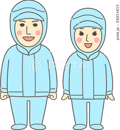 無塵服を着た若い男女 笑顔 ブルーのイラスト素材