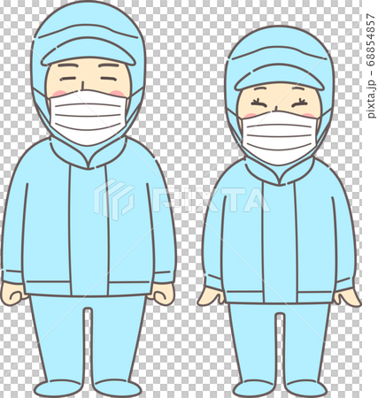 年輕的男人和女人穿著無塵的衣服和口罩-藍色 68854857