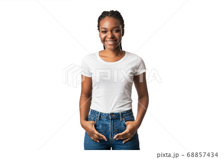 Smiling African American Girl Posing Looking At Camera, White Background 68857434