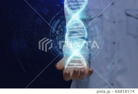 Young woman holding shiny DNA molecule in outstretched hand on blue background, collage with copy space 68858574