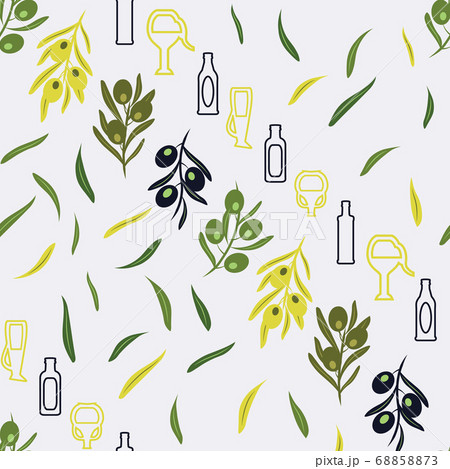 Greek Style bottles, jars, olive leaves on grey background 68858873