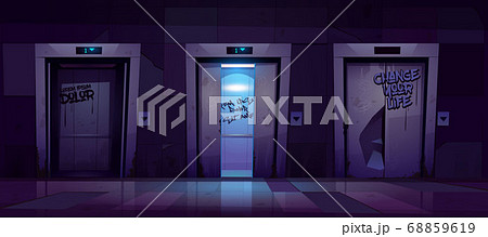Dirty hallway with broken elevator doors at night 68859619