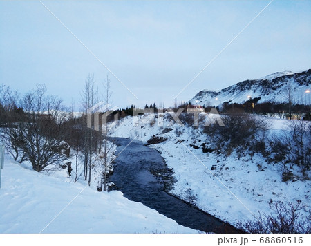 River on the plain in Iceland. The banks are 68860516