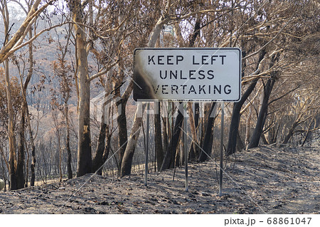 Damaged road signs in the bushfires in The Blue Mountains in Australia 68861047