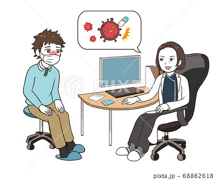 治験の話をするベテラン女性医師　発熱した男性患者 68862618