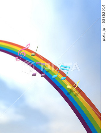 空にかかる虹と立体的で丸みのある音符イメージのバックグラウンド 3dcgイラストデザインのイラスト素材