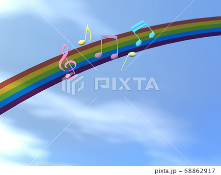 空にかかる虹と立体的で丸みのある音符イメージのバックグラウンド 3dcgイラストデザインのイラスト素材