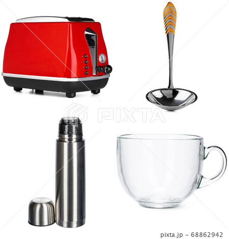 Collage of toaster and crockery on white background 68862942