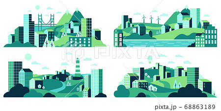 Village landscape. Minimalist town views, city house district, daytime landscape with buildings, trees and hills vector illustration set Village landscape. Minimalist town views, city house district, daytime landscape with buildings, trees and hills vector illustration set 68863189