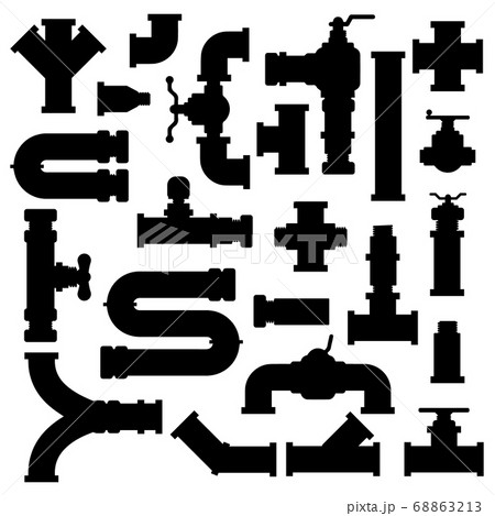 Ware pipe silhouette. Water tube pipes system, industry pipeline fittings, filters and pipe connectors silhouettes vector illustration icons set 68863213
